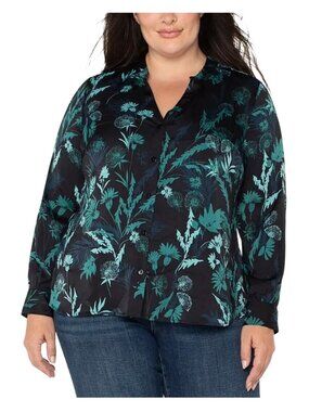 Liverpool Los Angeles Womens Button-Up Blouse 3X Malachite Foliage Long Sleeve